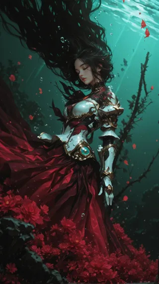 A photorealistic underwater scene showing a woman with detailed hair and armor, wearing a flowing red dress surrounded by red flowers and aquatic plants, eyes closed as if drowning.