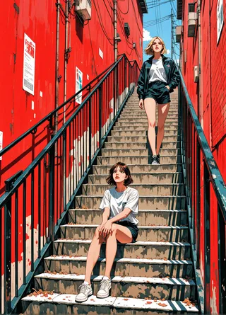 Two girls on outdoor stairs with a bold red wall background, one sitting on the steps and the other standing confidently, wearing shorts and casual clothing.