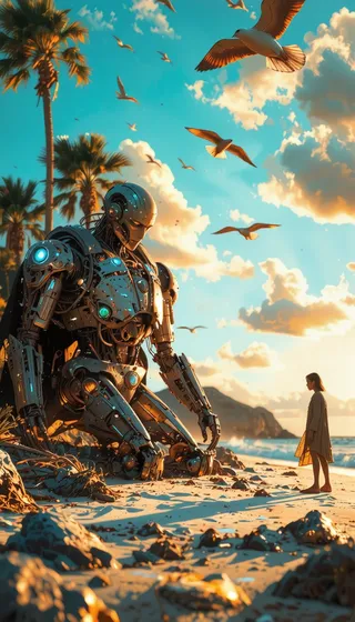 A rusted post-apocalyptic robot kneels on a tropical island beach at dusk while a barefoot human figure stands nearby under a sky filled with seagulls and dramatic clouds.