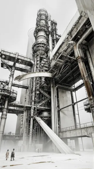 A futuristic cityscape featuring tall concrete and cylindrical industrial structures enveloped in a dense foggy atmosphere with a minimalist white color scheme, and people walking in the foreground.
