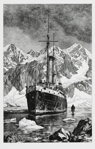 Black and white engraving of a large rusted ship partially submerged in icy waters near rocky snow-covered mountains, with a solitary dark figure standing nearby and icebergs floating in the foreground.