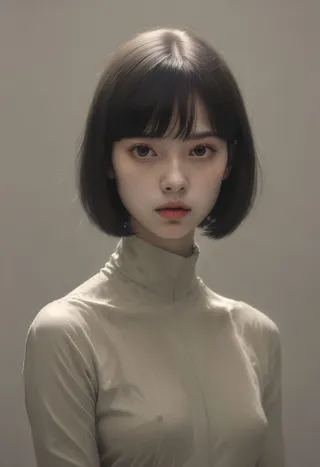 Portrait of a young woman with short dark hair wearing a high collar light beige shirt, pale skin, and soft expression against a neutral background