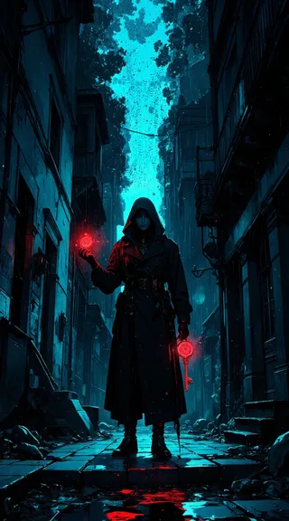 Dark cyberpunk alley illuminated by glowing neon blue rain with a mysterious hooded figure holding a bright red key and orb, surrounded by holographic code.
