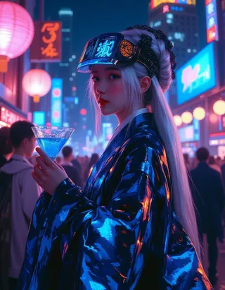 A young Korean girl in a futuristic hanbok holds a blue cocktail in a neon-lit cyberpunk city street, wearing an augmented reality visor and long platinum hair styled in braids.