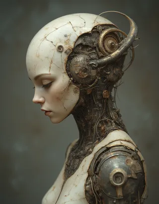 Profile view of a female android with light beige distressed skin partially revealing intricate gold, brown, and gray mechanical components and gears.