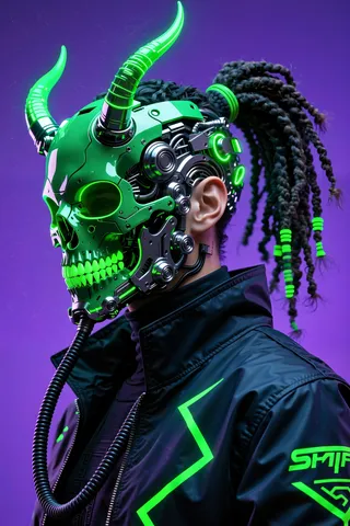 Futuristic figure wearing a neon green glowing cybernetic skull mask with sharp curved horns, detailed mechanical parts, and dark dreadlocks, dressed in a black tactical jacket with neon accents against a purple background.