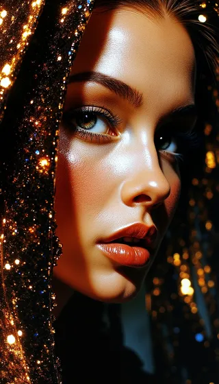 Close-up hyper-realistic portrait of a woman with glowing fair skin, dark brown hair, golden glitter mask, and luminous amber eyes.