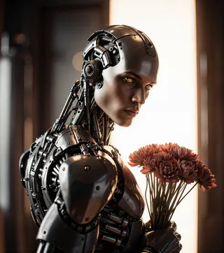 Detailed biomechanical humanoid android with cybernetic mechanical body parts holding a bunch of flowers, with amber eyes and a futuristic interior background.