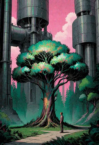 A solitary figure stands before an ancient tree with iridescent leaves in a dystopian future, surrounded by towering steel structures under a pink sky.