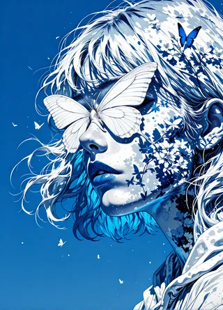 Anime-style female profile with white butterfly covering eyes and blue floral patterns blending with hair and face against a bright blue background.