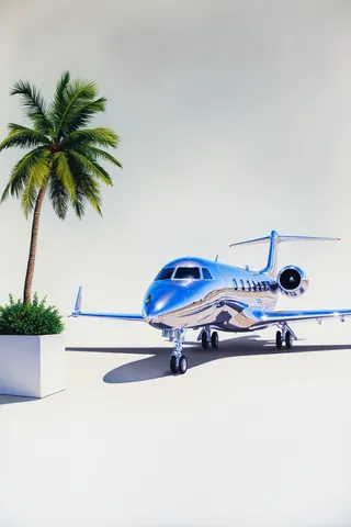 Digital illustration of a shiny chrome Gulfstream G700 jet parked in a minimalist indoor hangar with a tall palm tree in a modern planter nearby.