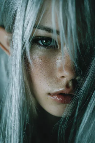 Realistic close-up portrait of a fantasy elf with long silver hair, sharp facial features, and bright emerald green eyes, softly lit with mystical light and a blurred forest-toned background.
