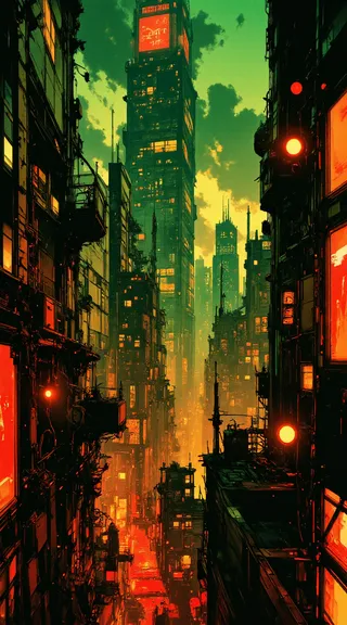 A futuristic cyberpunk cityscape featuring tall skyscrapers with glowing neon lights in crimson and gold hues, glitch-like texture effects, and reflective glass surfaces under dramatic epic lighting.