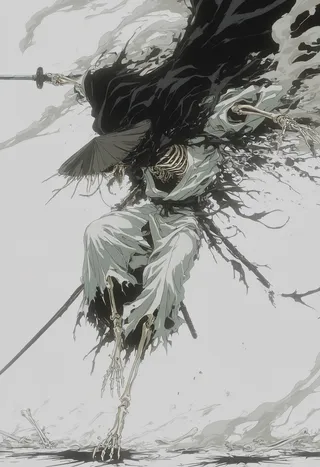 Dynamic skeleton warrior clad in torn white kimono and wide-brimmed straw hat, wielding a katana with black ink splatter effects on a white background.