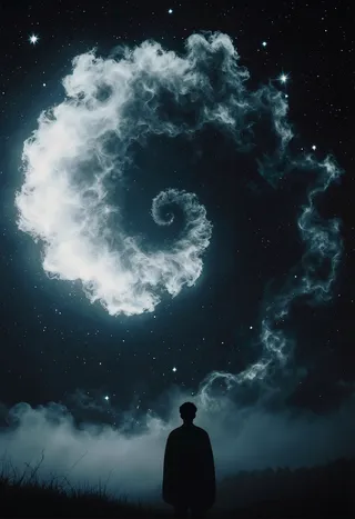 A dark night sky filled with photorealistic stars and a large white spiral cloud formation glowing dimly, with a silhouetted figure standing below amidst mist and grass.