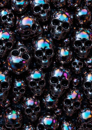 Caveiras dimensionais em folha preta holográfica com gradiente iridescente e efeito de brilho de holograma em padrão sobre superfície plana de glitter prateado.