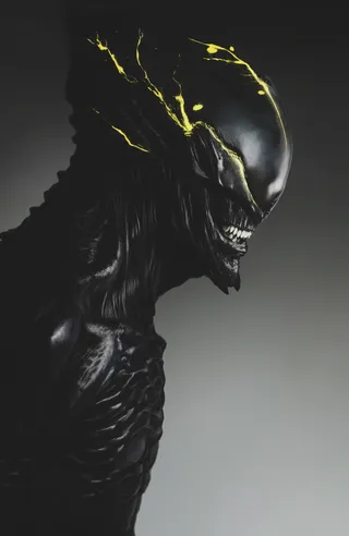 Close-up digital painting of a dark muscular alien with a sleek shiny black exoskeleton, an elongated head with glowing yellow cracks, and a menacing toothy grin.