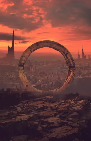 A dark gothic cityscape at sunset featuring a massive broken circular structure in the center with jagged spires and ruins silhouetted against a fiery orange-red clouded sky.