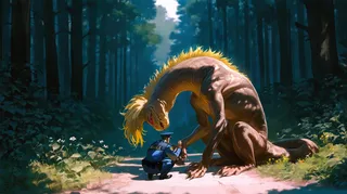 A policeman squatting and gently petting a large cyclops monster with long neck and multicolored hair in a sun-dappled forest path.