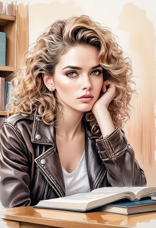 A detailed portrait of a woman with curly hair wearing a leather jacket, sitting at a desk with an open book, intense gaze, drawn in pastel hatch style with warm light and bookshelf background.