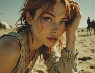 Close-up portrait of a young woman with red hair and green eyes in a desert background, wearing a textured sweater dress, bathed in warm retro tones.