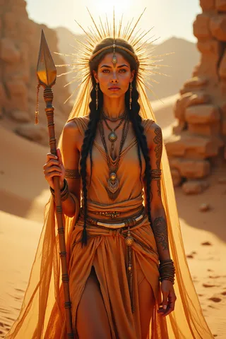 A radiant desert prophetess in a golden robe holding a glowing staff, with braided hair, mystical tattoos, and a sunlit desert background.