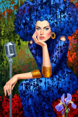 Surrealistic painting of a woman with a large blue afro and blue dress, resting her chin on her hand while leaning on a vintage silver microphone, surrounded by colorful abstract background and irises.