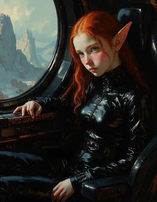 Oil painting of a sad, delicate teen elf girl with red hair and blue eyes wearing a tight black liquid metal space suit, sitting in a futuristic spaceship chair with a rocky landscape visible through the window.