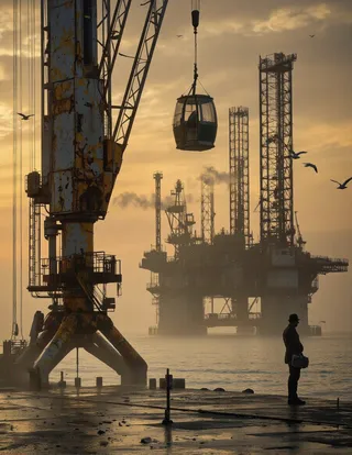Silhouette of a man standing on a pier at sunset looking towards a misty oil rig with a rusty crane and a hanging cable car nearby, and seagulls flying in the sky.
