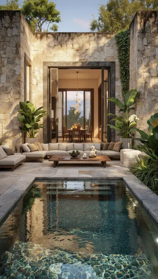 Luxurious outdoor living area featuring a small pool surrounded by stone walls and lush greenery, comfortable beige sofas, and warm ambient lighting.