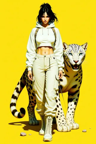 Detailed digital illustration of an athletic woman in white hoodie and cargo pants standing with a snow leopard on a yellow background, linked by a chain leash.