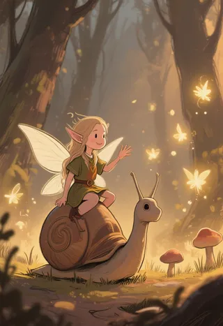 A chibi elf with wings riding a large snail through a glowing mushroom forest, joyfully waving at glowing fireflies in warm dreamlike lighting.