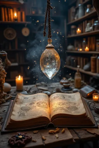 A glowing crystal pendant hangs above an open ancient book filled with runes and diagrams on a cluttered wooden sorcerer’s table, bathed in warm candlelight.