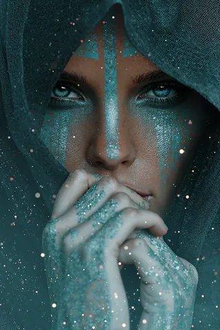 Close-up portrait of a fantasy sorceress with glowing blue eyes, intricate blue runes on her face and hands, wearing a dark textured cloak, surrounded by floating magical sparks in a mysterious atmosphere.