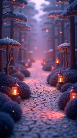 A dreamlike surreal pathway through a softly glowing forest with mystical trees and warm lanterns illuminating a cobblestone path under an ethereal twilight ambiance.
