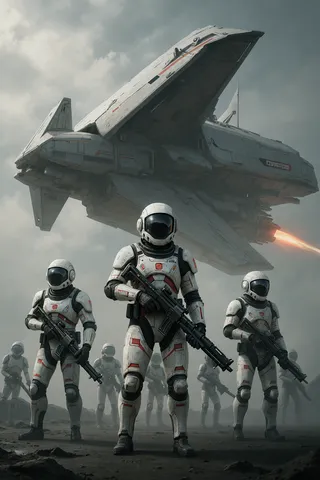 Digital illustration of astronauts in white and red spacesuits holding weapons in front of a large spaceship with wings spread, under a cloudy sky.