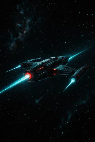 A colossal advanced spaceship glowing with fluorescent cyan and neon red lights flies rapidly through a star-filled cosmic void, with motion blur emphasizing its speed.