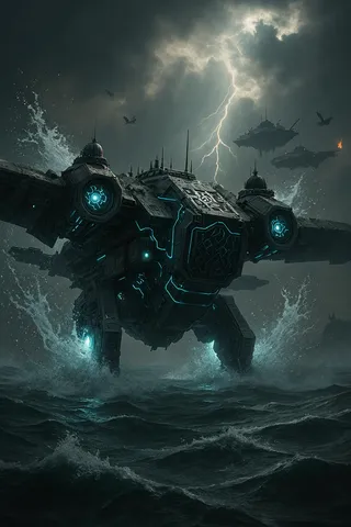 A colossal Ekranoplan war machine with glowing blue cybernetic runes skims over dark stormy ocean waves under dramatic lightning-lit skies.