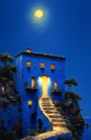 Blue rustic Mediterranean house by the sea at night with warm glowing windows, stone staircase, wrought iron balconies, under a bright full moon in a textured painterly style.