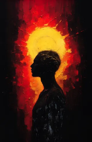 Abstract digital painting showing a dark silhouetted human figure in profile with a glowing golden halo against a vibrant red and black textured background.