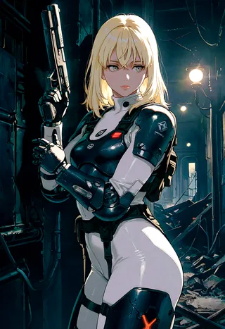 Blonde woman with mechanical arms wearing a white and black armored bodysuit, holding a gun in a dark, abandoned alley with glowing lights behind her.