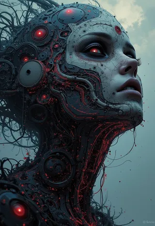 Close-up of a futuristic cyborg head with a mechanical, dark fantasy design, glowing red eyes, intricate black and red circuitry, and abstract organic wires.