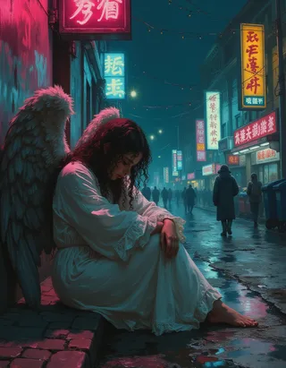 A fallen angel with tattered grey wings sits sadly on a cracked concrete curb in a neon-lit urban street at night, wearing a torn white robe under dramatic, colorful city lighting.