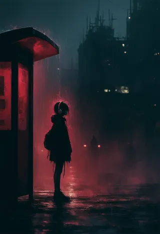 A solitary girl with headphones stands silhouetted at a rain-slicked bus stop illuminated by crimson rain and neon city lights in a dark urban environment.