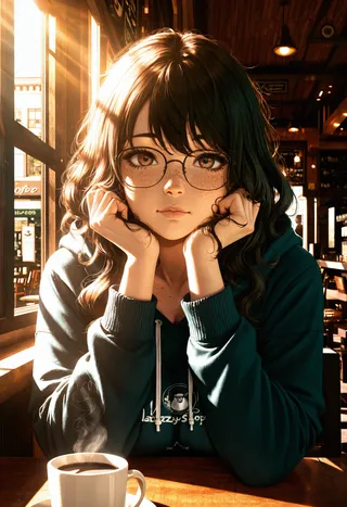 Anime girl with medium wavy hair, freckles, and glasses sitting at a coffee shop table, bathed in warm sunlight, wearing a casual hoodie.
