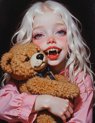 Close-up of a young teen girl with white hair, glowing blue eyes, vivid red lips revealing sharp fangs, dressed in pink nightgown hugging a brown teddy bear against black background.