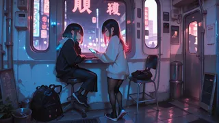 Two anime-style girls inside a neon-lit train at night; one sitting on a stool, the other standing while looking at a smartphone, surrounded by urban train interior elements.