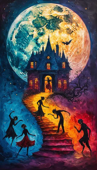 A surreal painting of a spooky manor under a large, colorful moon with ominous shadowy creatures dancing on vibrant, fiery and icy pathways.
