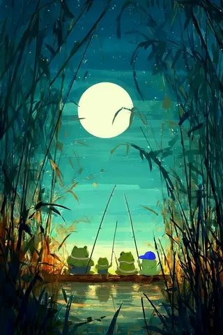 Four frogs fishing together at a pond under a large full moon surrounded by tall reeds at night