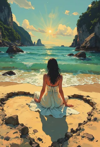 A woman in a simple white summer dress sits inside a large heart drawn in the sand on a picturesque beach at sunrise, surrounded by turquoise ocean and rocky cliffs.